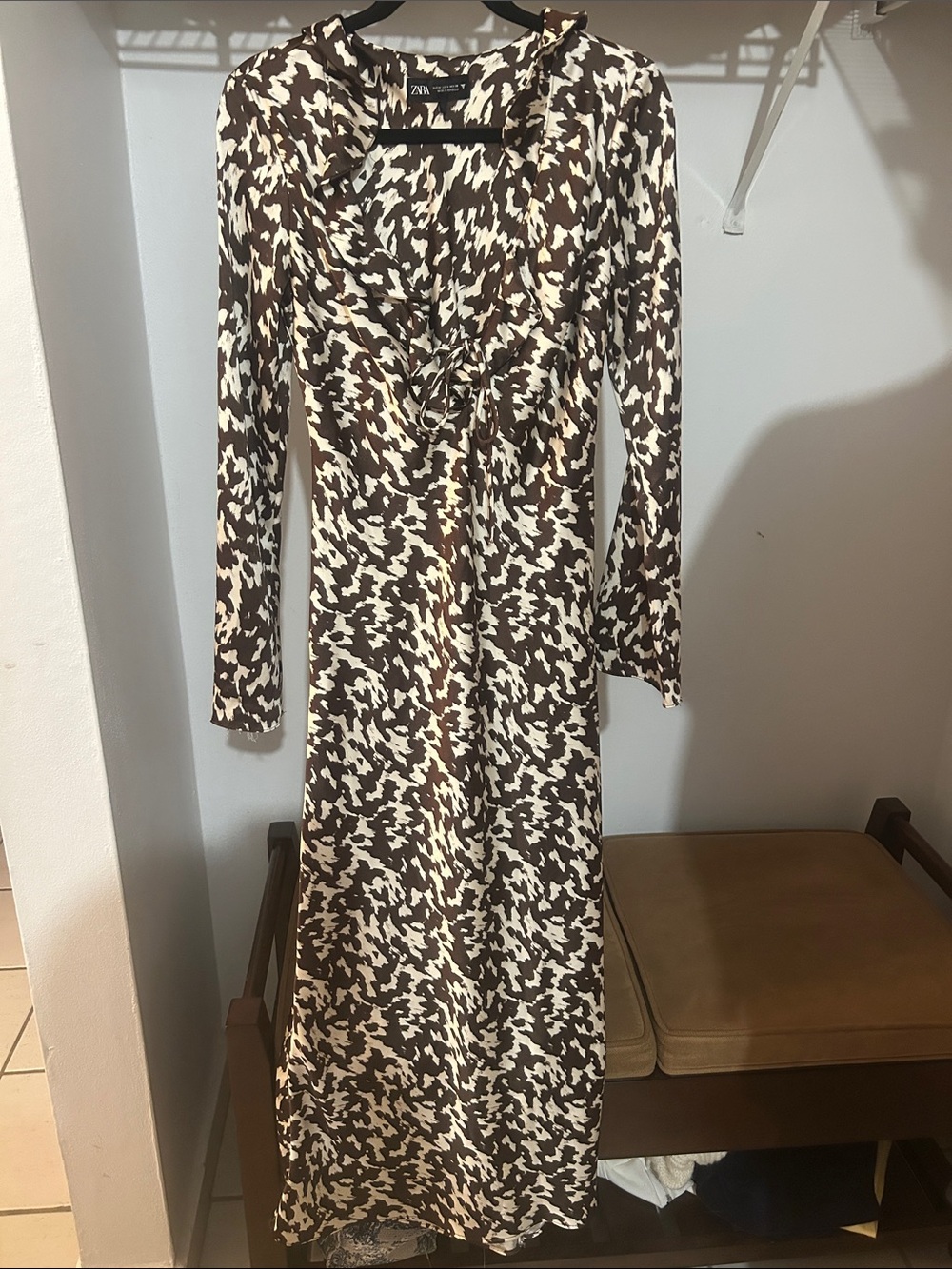 ZARA Brown and Cream Long Sleeve Printed Midi Dress